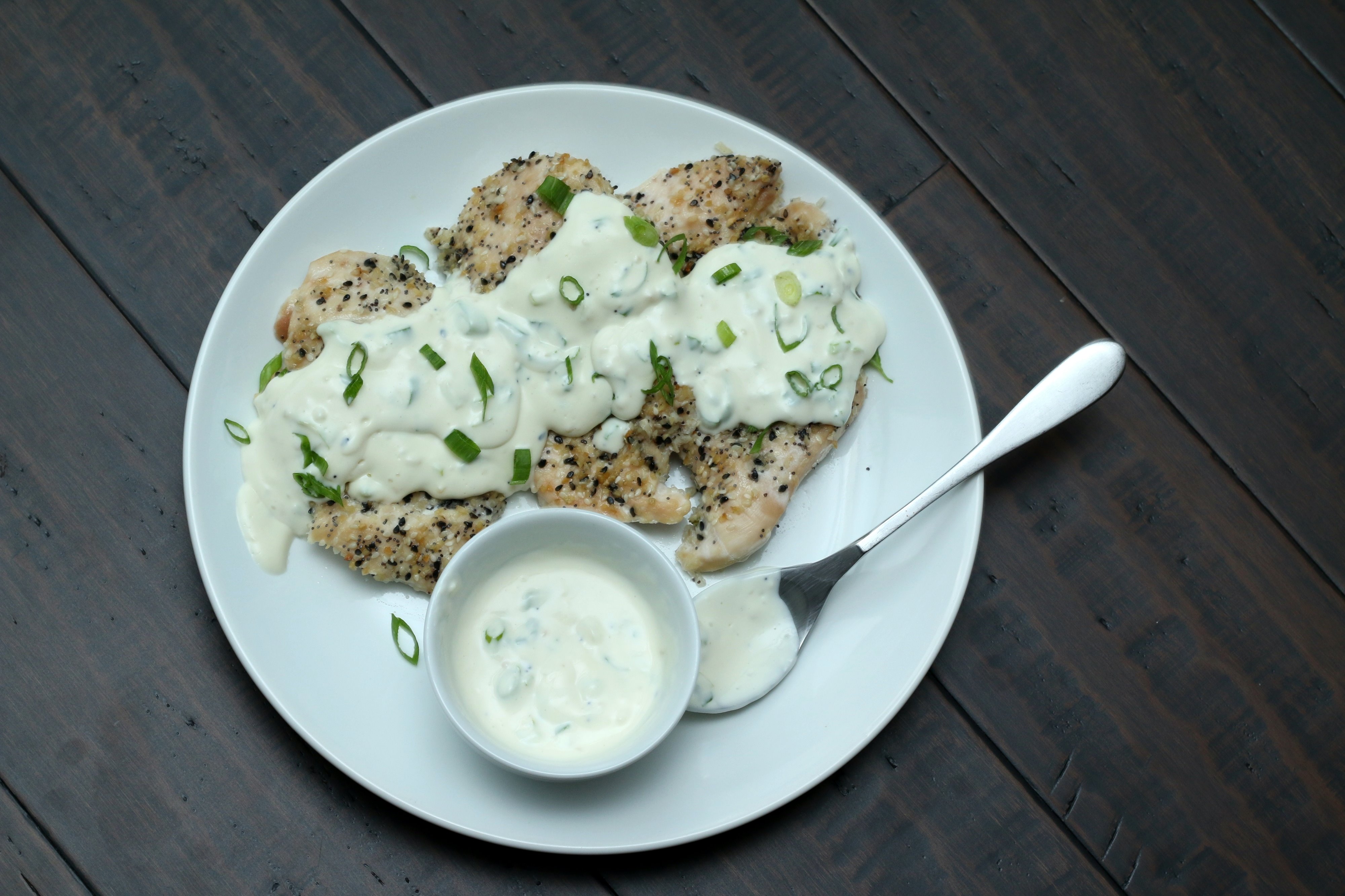 Everything bagel chicken with green onion cream cheese sauce